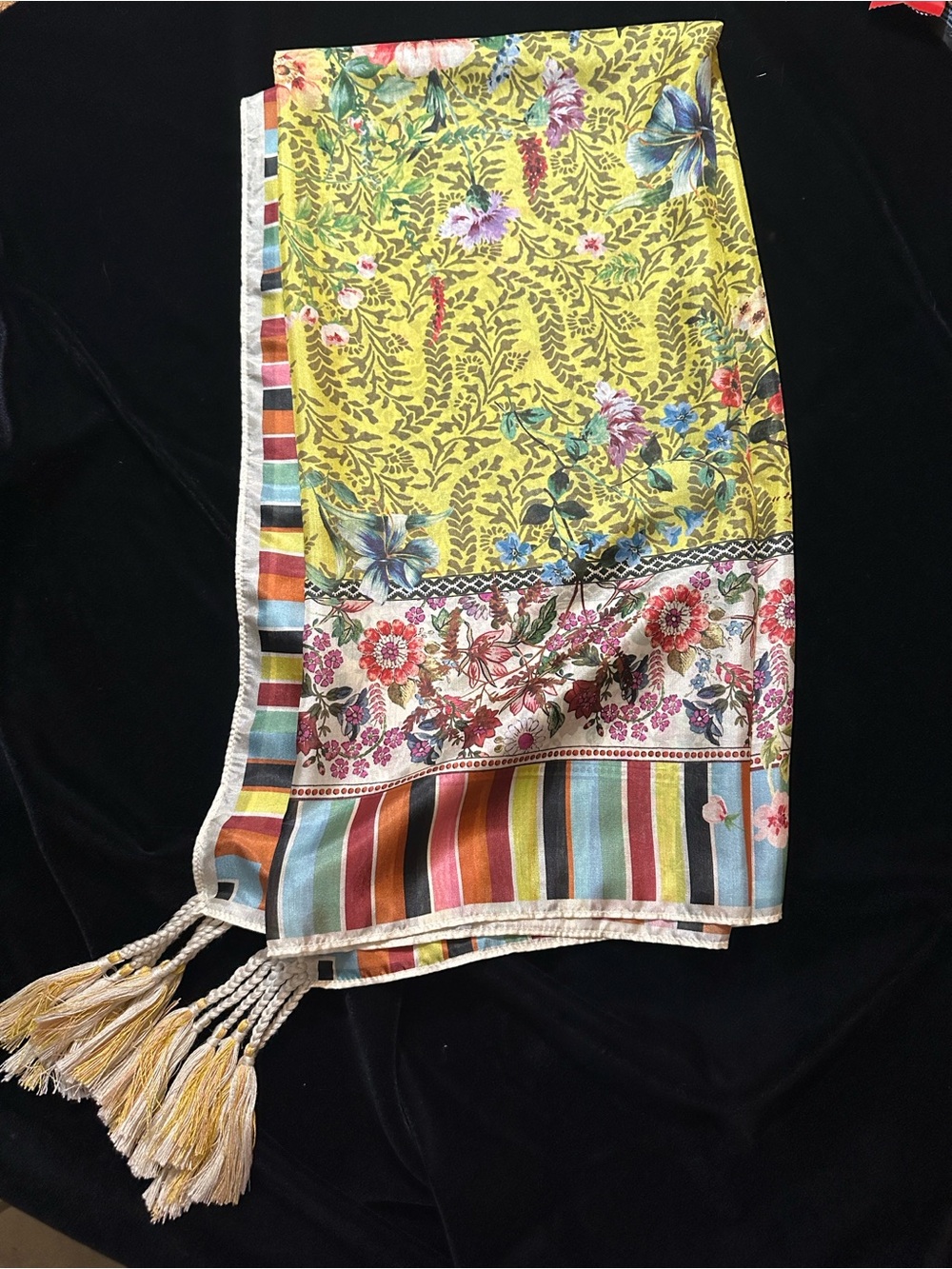 NWOT Floral Multi-Striped Yellow 100% Silk Women's Tassel Scarf